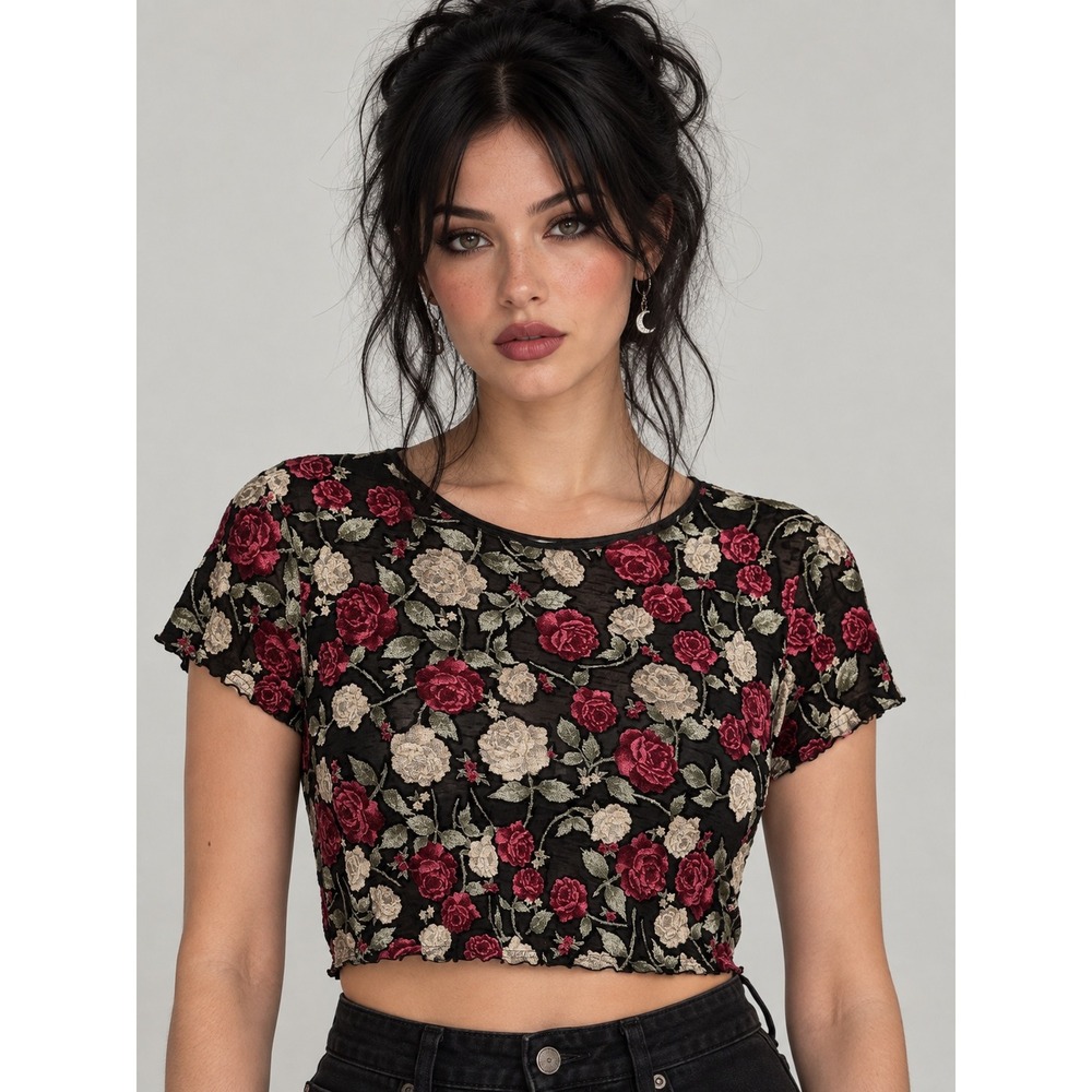 Whimsigoth Rose Floral Burnout Crop Top Sheer Mesh Goth Romantic L/XL